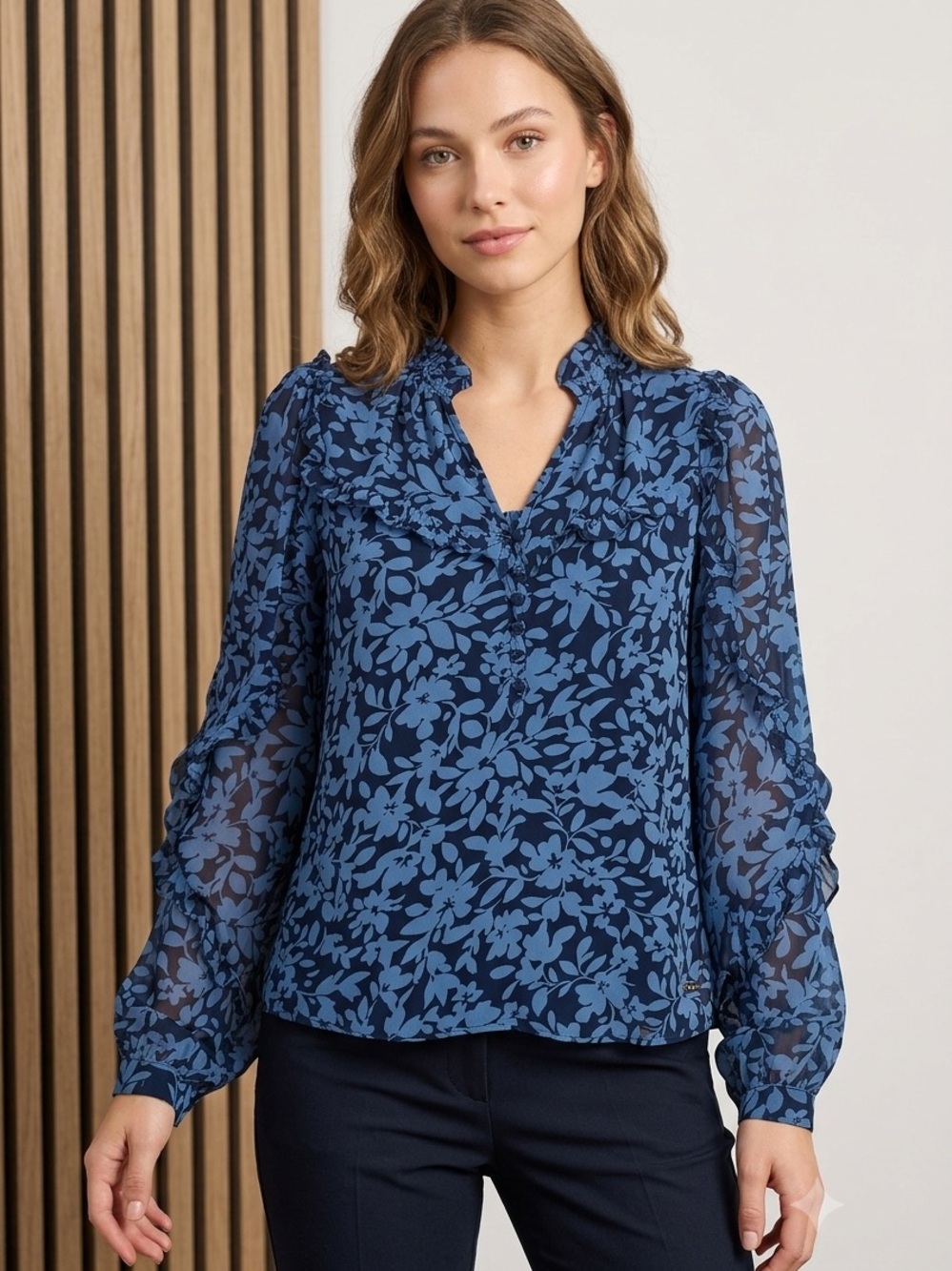 Vince Camuto Navy and Cornflower Blue Floral Ruffle V-Neck Blouse